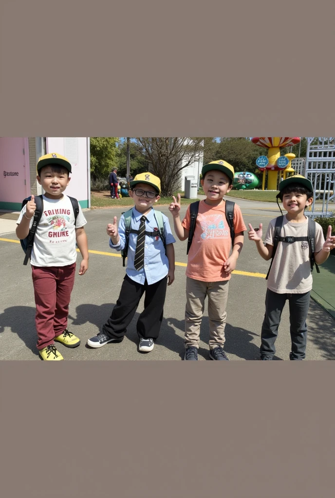 group of children with backpacks on their backs/ happy children/ blue and green backpacks