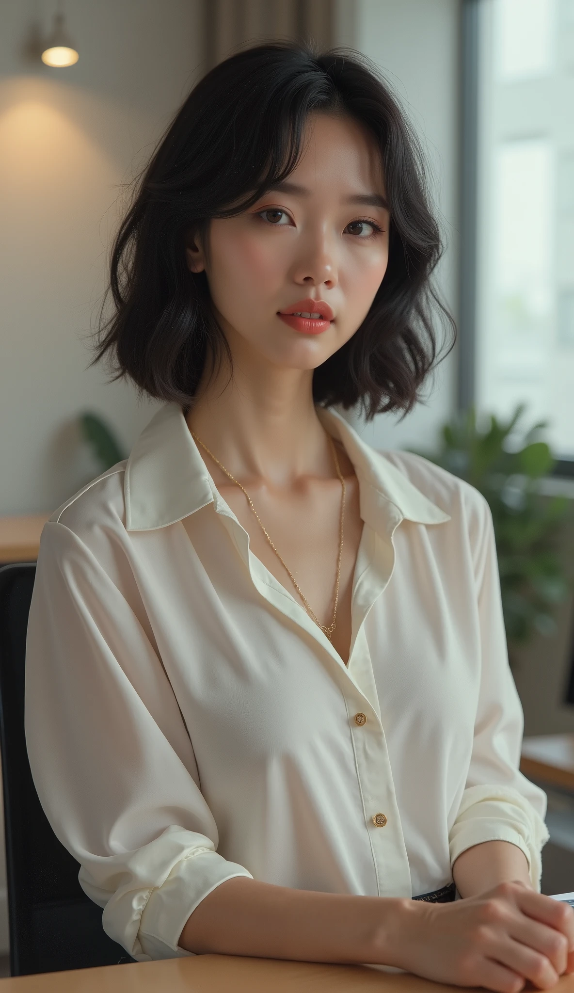 ((best quality, 8 thousand, masterpiece:1.4)), (20세 female),masterpiece, separated, Highres, High_quality, large in size_launch, small_face, absurdly_short_hair, female, sag_chest, upset the balance, (((최고의 quality))), ((very detailed)), ((very delicate and beautiful)), cinematic light, (Directing a movie scene), Create a scene from the movie, Please direct a scene from IfOnly., whole body, beautiful thighs, long light pleated skirt,