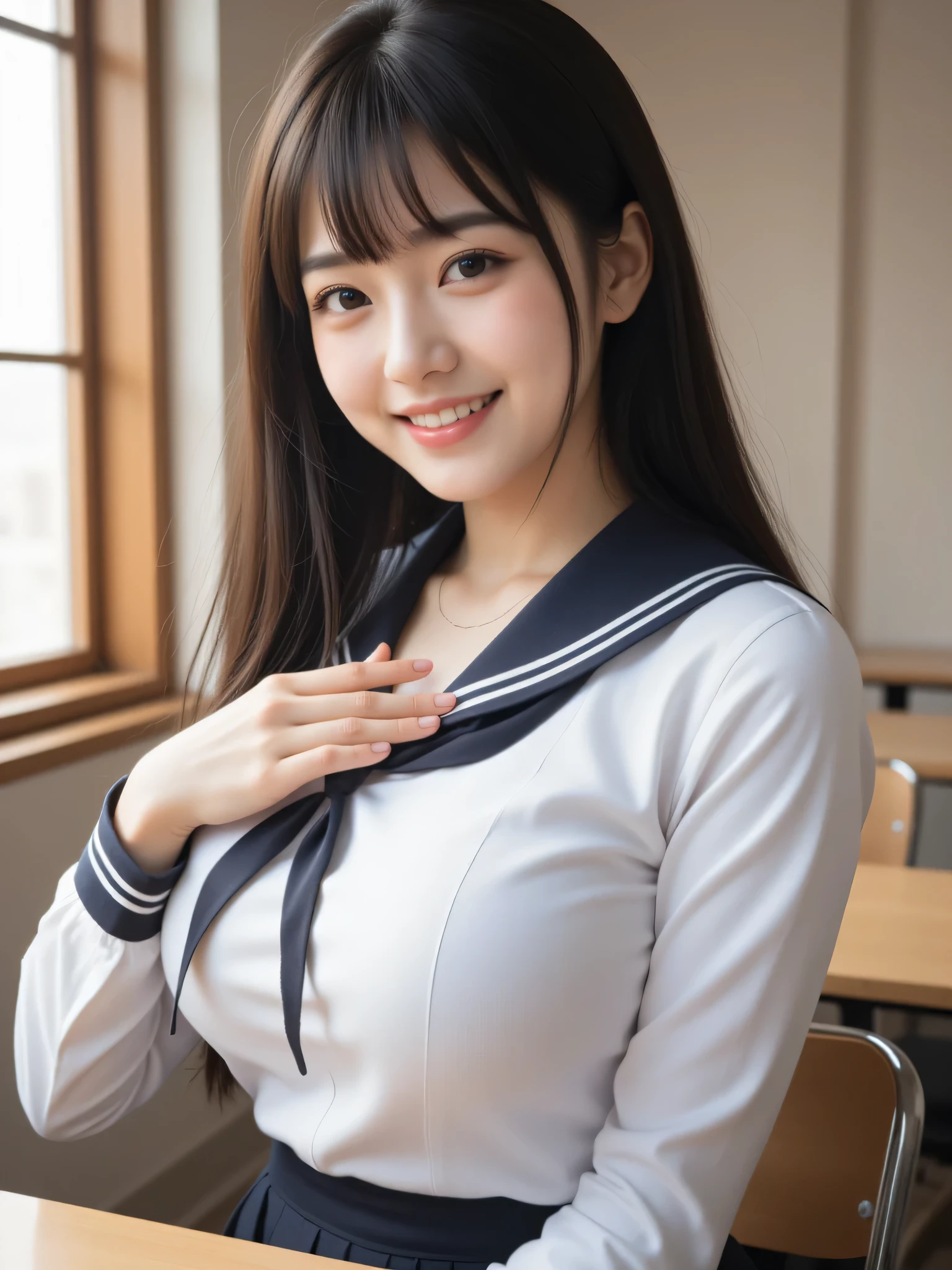japanese cute idol, Japanese cute girl, kawaii, a pretty woman is posing at the school class room , 1girl, solo, realistic, smile, school uniform, long hair, black hair, nsfw, masterpiece, best quality, hyper detailed, insanely detailed, 16k, japanese , cute, kawaii, photorealistic, Realism, raw photo, real person , 1girl, solo, black hair, long hair, breasts, realistic, grabbing own breast