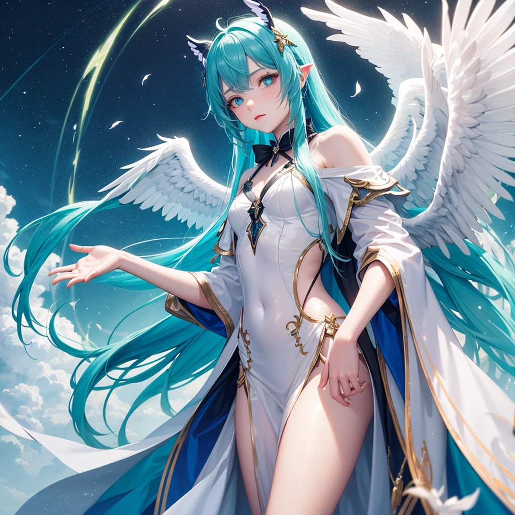 Highly detailed, Has angel wings, Seductive Woman , Long blue hair , reddish brown eyes , Reptile tail , Wearing a yellow ribbon in her hair