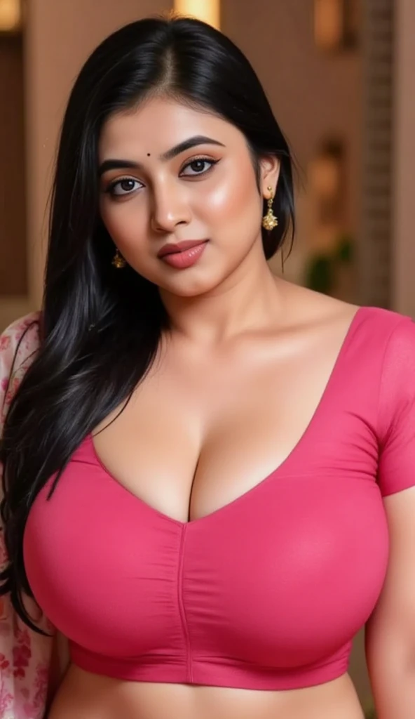 Indian woman masterpiece, best quality, ultra-detailed, (warm hue, warm tone: 1.2), wearing T shirt bra , 20 years old, (((big tits1.8))),((Huge breasts 1.6)),(((Plump body 1.8))), (Indian instagram photo, T shirt bra closeup face photo of 23 y.o Chloe in kebaya, Red Lipstick, sensual Lipstick, Sensational Make Up, huge cleavage, huge breasts pale skin, (smile:0.4), hard shadows, White G-STRING, bright lighting