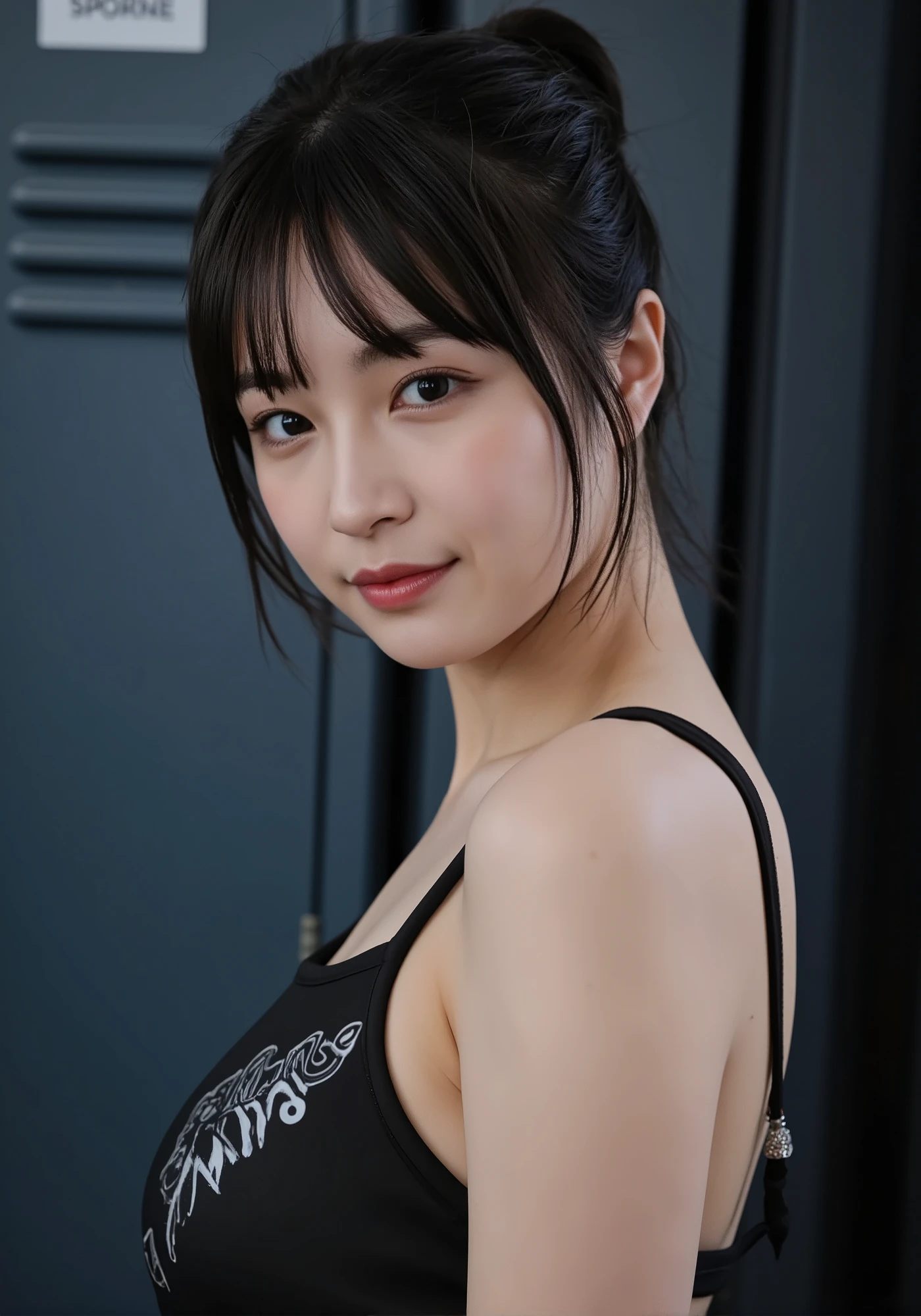 (highest quality、8k、32K、masterpiece、nffsw:1.2)、(Raw photo)、(realistic)、(Photoreal:1.2)、(High resolution)、super detailed、very beautiful face and eyes、1 girl、round and small face、big breasts thin waist、delicate body、(Close-up、highest quality、high detail、rich skin details、nffsw)、(highest quality、8k、oil paint:1.2)、super detailed、(realistic、realistic:1.37)、Bright colors、(((cheeks are flushed)))、(((woman&#39;s face)))、(((White and gray underwear)))、(((touch my light brown hair)))、(((Bewitching atmosphere)))、(((laughter)))、(((It is shown from the waist up)))、(((white background)))、((lob hair))、(((pure white wall background)))、(((she is wearing a pink and black t-shirt)))、(((pure white wall background)))、(((pink and black clothes)))、(((Tamil characters are written on the chest of the clothes.)))、Crescent-shaped necklace、A crescent moon is drawn at the navel of the shirt.