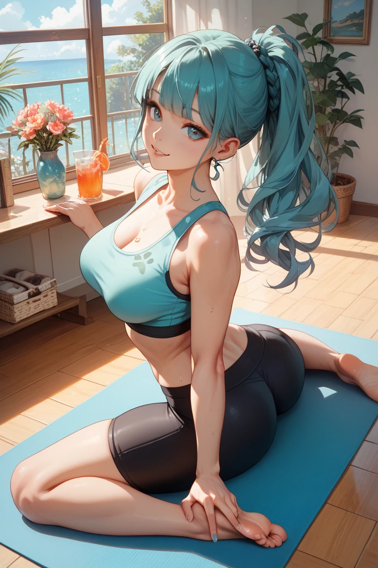 ,masterpiece, best quality, photorealistic, yujiasuit, yoga sports bra, yoga pants, 1girl, solo, , yoga ball, pants, looking at viewer, smile, green sports bra, simple background, , midriff, long hair, breasts, green pants, sportswear, tank top, upper body,gren hair,green eyes
