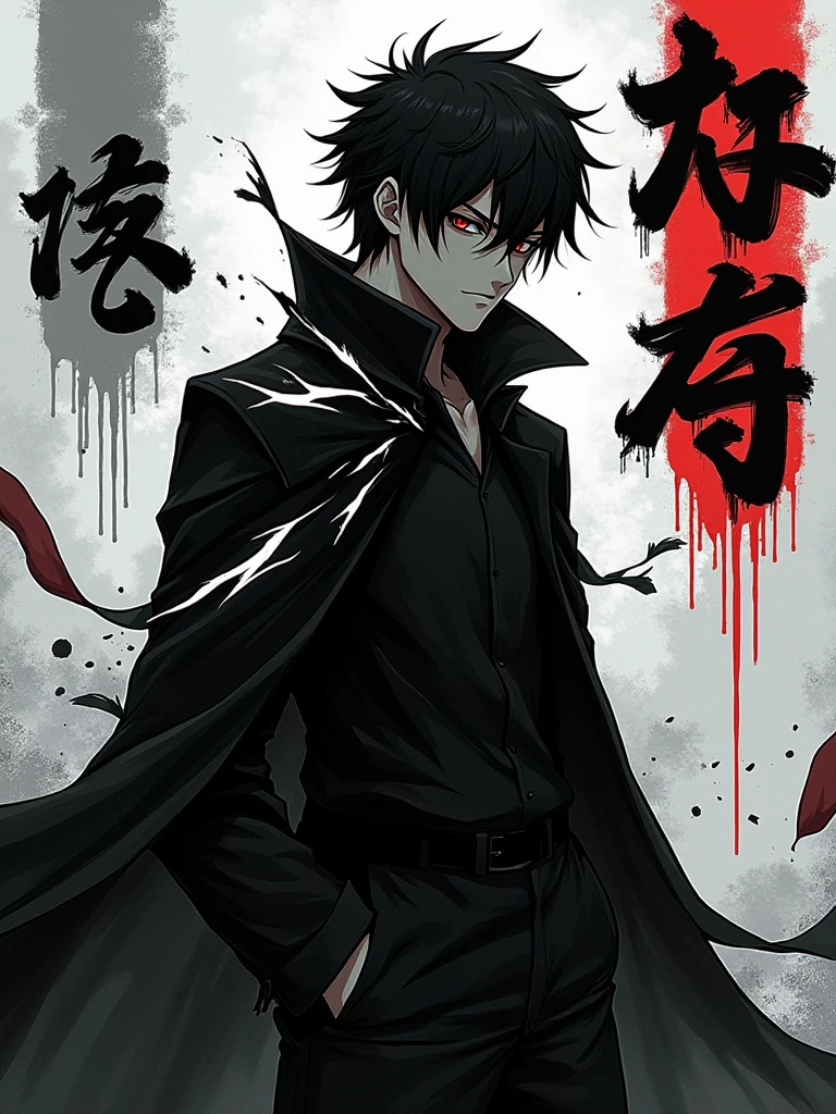 anime - style image of a man standing in front of a giant monster, mage fighting a ghoul, an ominous fantasy illustration, inspired by Sōami, by Shingei, shinigami, black and white manga page, black and white manga panel, inspired by Uragami Gyokudō, dark!, he's very menacing and evil