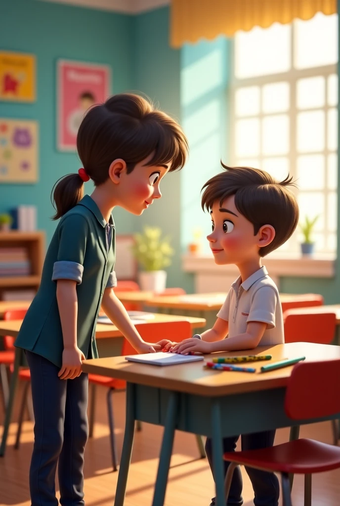 I am standing and talking to a child in the class