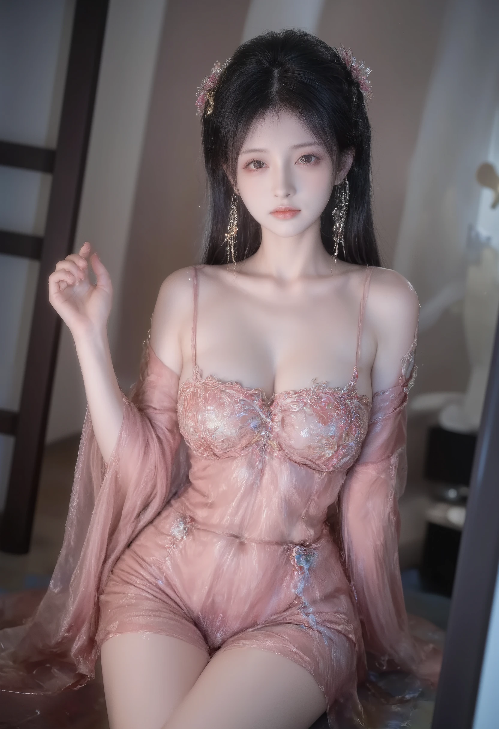 girl,solo,dress,earrings,jewelry,long hair, ancient female chinese clothes,looking at viewer , Chinese dress,brown eyes, black hair, sexy camisole, camisole like a pink see through cloth, revealing full thights and hip and venter, top quality, Masterpiece, Ultra High Resolution, High Definition RAW Color Photos , pro pics, natural skin texture, fine skin, hyperrealism, smiles,Earrings, gigantic breasts, slit dress, camisole,  collarless dress