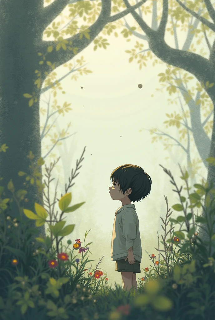 Suddenly a boy was sitting under a tree eating some food.
