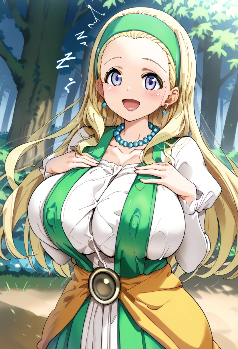 Please show me your armpits), (1 girl), (smile), (Huge breasts:1.2), (Chest close-up), (Long Hair), (Outstretched arms), (Looking at the audience), (from before), (Hair Flower), (garden), (Pasture),(((large breasts))),((cleavage))