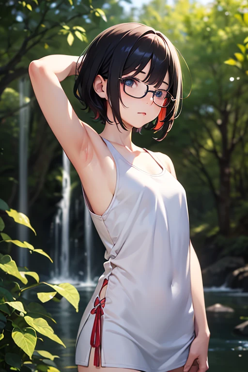 (1girl, solo, alone), (WakatsukiRisa, Sarada Uchiha, black hair, short hair, black eyes, red glasses), ((solo, (1woman, pink lipstick, (small breasts), black eyes), Extremely detailed, ambient soft lighting, 4k, perfect eyes, a perfect face, perfect lighting, a 1girl)), austere, (((fitness, shapely, yellow tank top, (yellow mini top, revealing wet tank top, hanging out of braless top, beautiful high detailed dreamgarden, nsfw 8K), women's tank top, wet yellow tank) top, transparent, transparency, mini shorts, jean shorts, navel out, abdomen showing, wet body, wooden house, classic Japanese house, old Japanese house , balcony, garden, flowers, walking in the hallway))