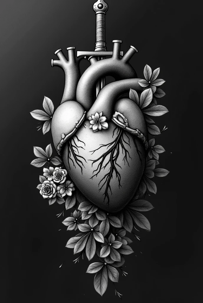 An anatomical human heart suspended in the air, detailed with visible veins and arteries, with a sword piercing through the center. The sword, sharp and gleaming, stands out in contrast to the heart’s delicate texture. However, instead of blood flowing from the wound, vibrant flowers emerge, cascading out of the heart. The flowers are a mix of roses, lilies, and violets, symbolizing love, beauty, and pain intertwined. The background is dark, perhaps with soft lighting highlighting the heart and the flowers, creating a surreal yet emotional scene that represents both vulnerability and strength. The overall atmosphere is poetic and poignant, with a sense of both sorrow and beauty, in black and white like a drawing sketch.