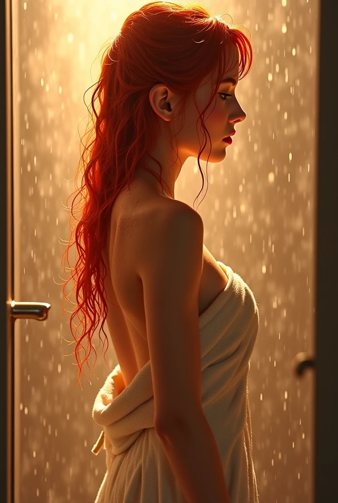 The sexy and dark art of seduction, elegant, long orange hair, medium breasts, perfect ass, taking a shower, very sexy and erotic, (art inspired by Bill Sienkiewicz) (best quality, 4k, 8k, high resolution, masterpiece: 1.2), ultra detailed, (realistic, photorealistic, photorealistic: 1.37), intricate details, vivid colors, sharp focus, professional, Dave's artwork McKean, touch of surrealism