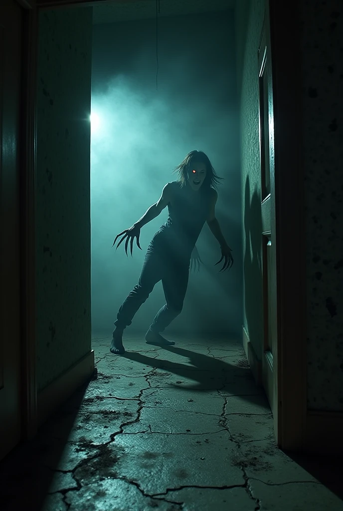 "The silhouette of a humanoid creature with claws tearing at furniture in a dimly lit room, as the shadows writhe and crawl across the walls." Fear and horror