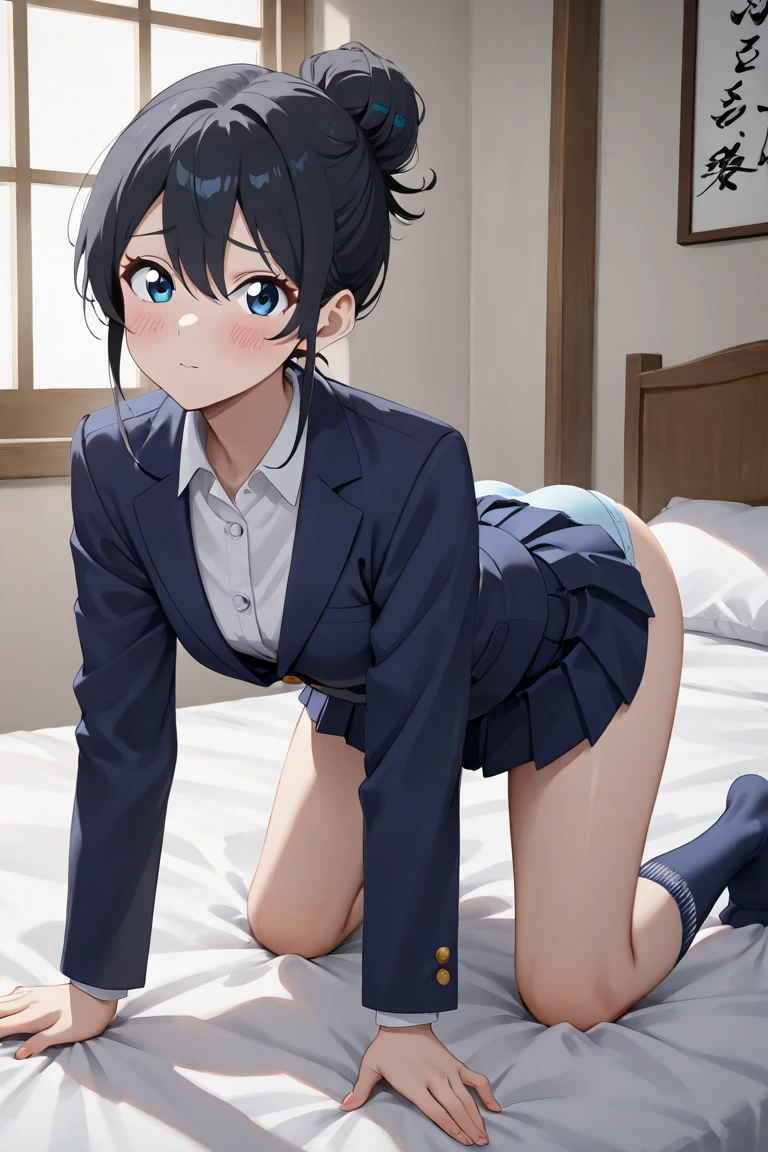 (masterpiece, highest quality:1.2),1 cowboy shot,girl,18 year old beauty、solo,ponytail hair,dark purple hair,shy,slender body,skinny,medium breasts,oily skin,shiny skin,Police uniform、light blue shirt,Collared shirt、Short sleeve、Black mini skirt、Black panties、Wet crotch、drip pee,standing,spread legs,Simple bed,Simple bedroom、