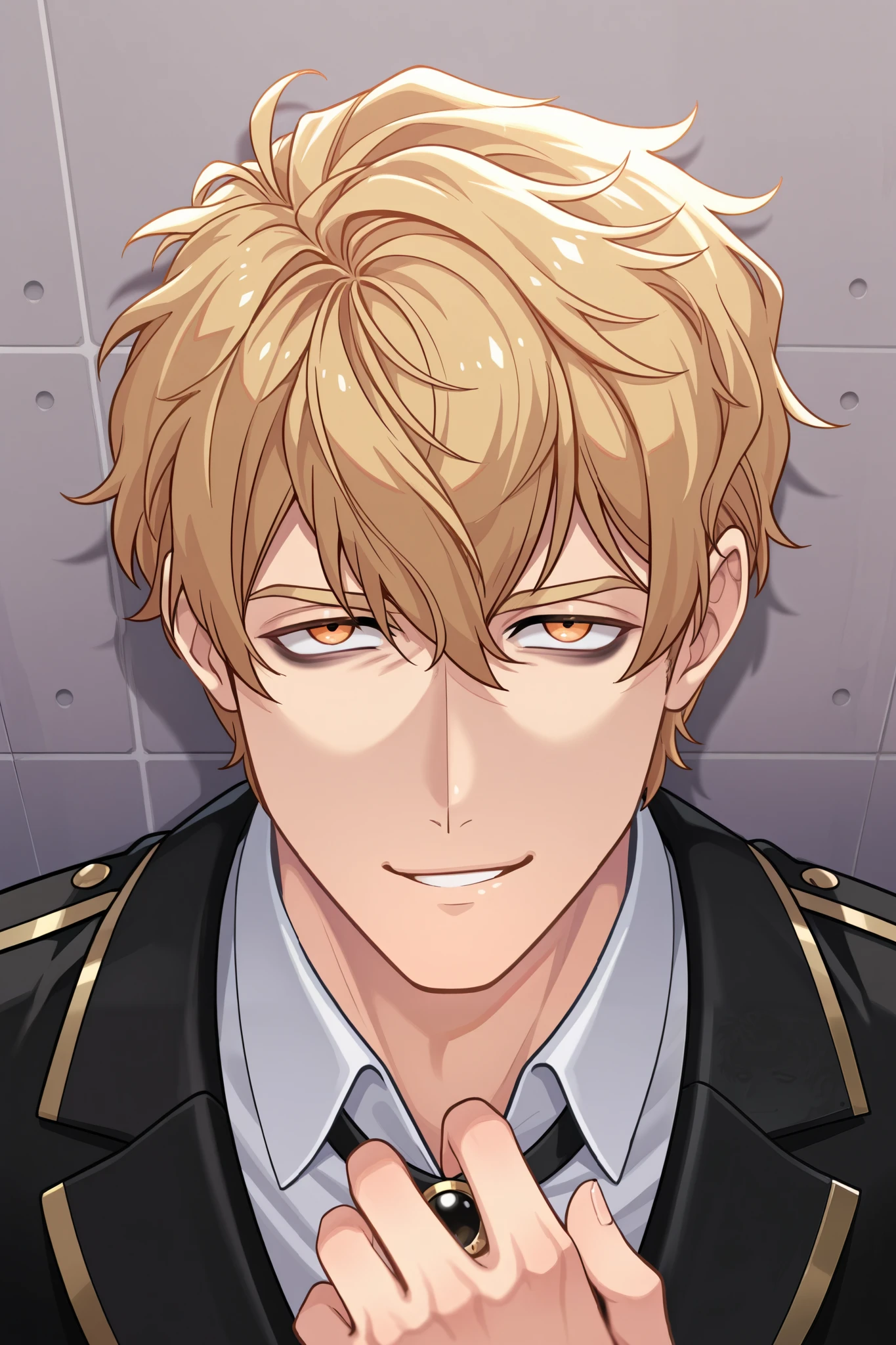 quincy, Quincy pressed the viewer against the wall, the viewer looks up at him, his hands are at the sides of the viewer blocking the way, dark circles under his eyes, smirk