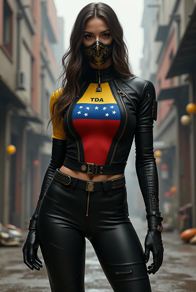 bonita de 19 anos, muscular arms, corpo voluptuoso, seios grandes, catsuit, Looking at camera, parede de tijolos velhos grafitados, hiper-realismo, florescer, cowboy shot, UHD, best quality, Altas, Detalhes altos, 8k