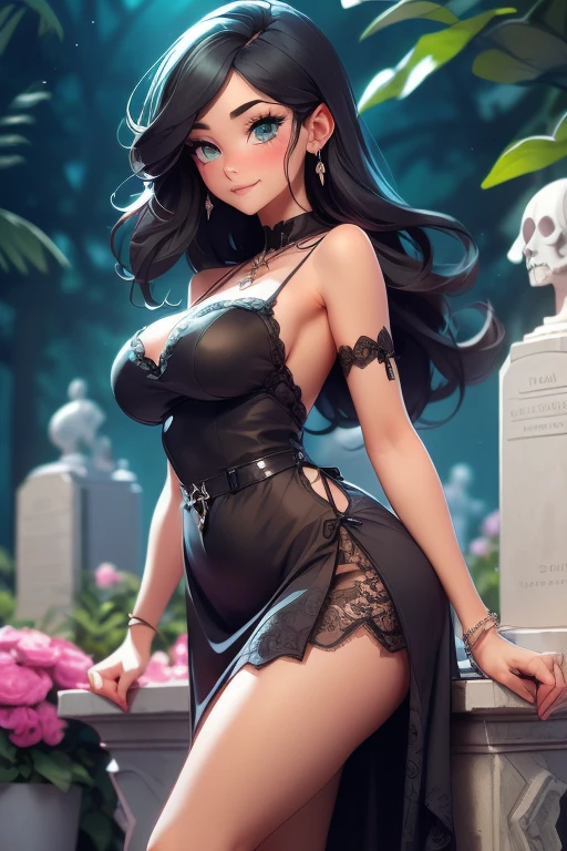 Woman, Black Hair, ((Long Hair in Twin Braid)), Black Dress, Plunging Neckline, Black Bra Underneath, Large Breasts, Woman (in graveyard at night), Full Moon