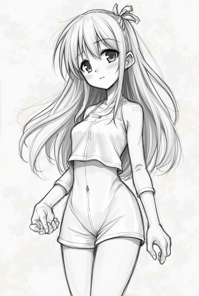 Line art anime woman squat peace sign長い髪, 大きな胸,