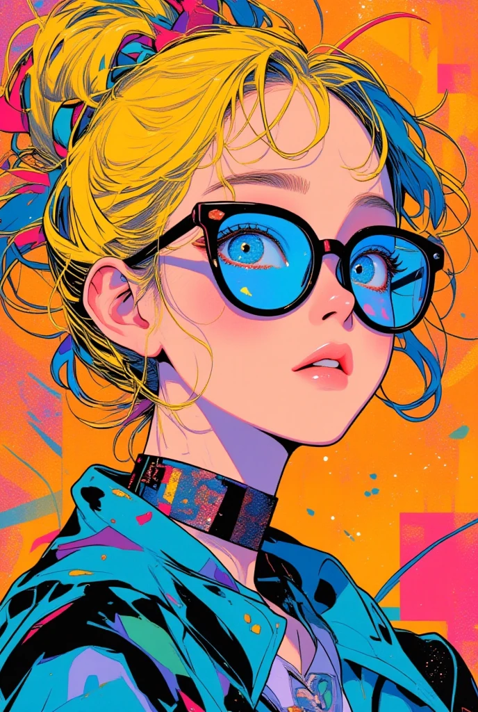 girl,portrait,vector art,vector art:1.2,floral pattern:1.1,geometric elements,sharp lines,X-ray,neon color,beautiful eyes,color palette,line art,Hair and butterfly transformation,Symmetrical balance,Fantasy elements,dreamy atmosphere,Geometric symmetry,soft light,ethereal,White background,Moderate:digital illustration。AuthorOrlando Arocena,Black and blonde hair, glasses, blank space