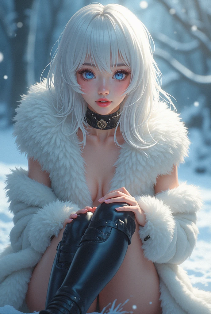 By iskra, by wolfy-nail, by Personalami, Krystal, Star White Rabbit, female white rabbit woman, (detailed), view of the viewer, fluffy, solo, 1 girl, high resolution, photorealistic, (Brown eyes), cute, shy, ((clear structural details)), detailed realism, slim, athletic, soft, 4k, excellent quality, high details, (seductive), detailed white fur, walking in snowy mountains, white rabbit ears, fluffy white tail, Skimpy lace clothing, white fur, sexy pose, buck rabbit teeth, black slave collar, on her knees, looking back
