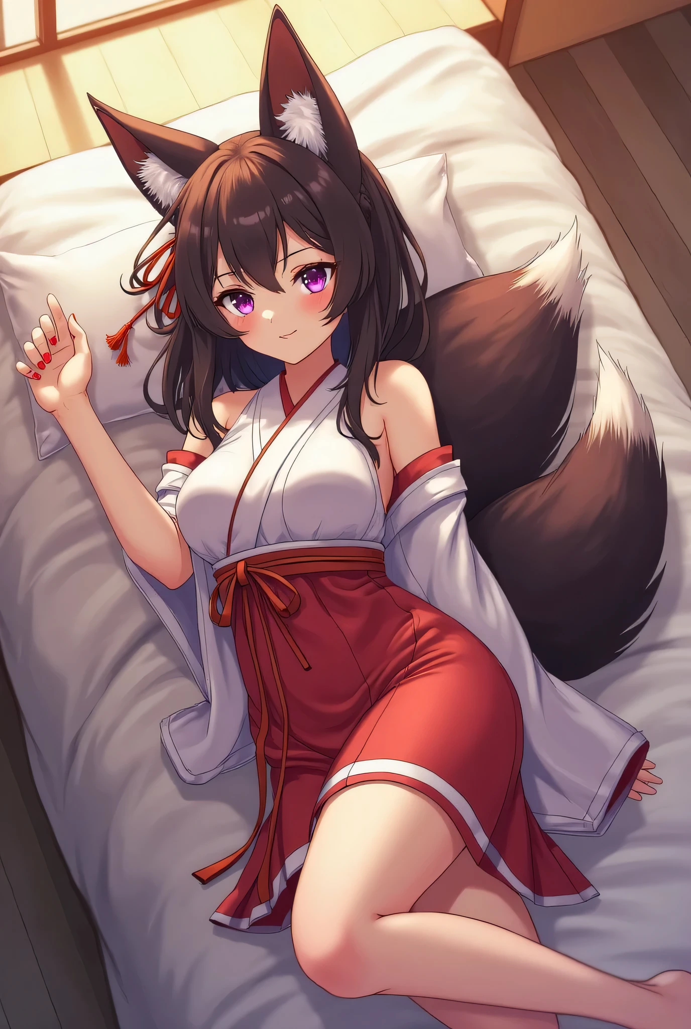 Professional, high-quality photos, 4K resolution, Realistically detailed image of an attractive girl in fluffy white pajamas with fox ears and a fox tail. She is sitting in the middle of a magical forest, Every element is perfectly expressed. The texture of pajamas, The ears and tail are sharp、palpable. The sunlight falls on the leaves、The girl&#39;s face is gently illuminated, Highlights delicate and attractive facial expressions  