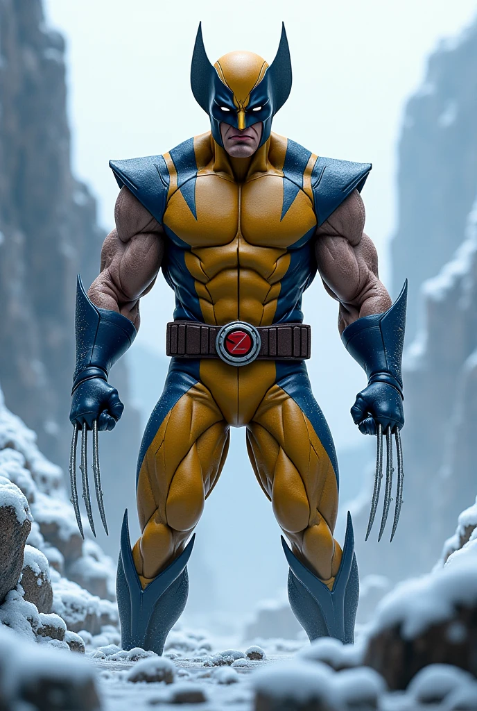 wolverine with superhero suit ,full body, claws, in canadian forest, winter background, features intricate detail, detailed eyes, highly detailed, photography, ultra sharp, film, bokeh, professional, 4k