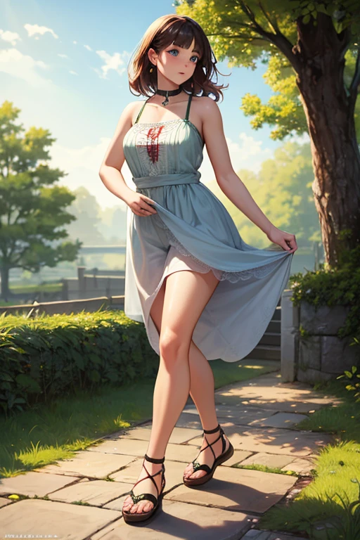 ((Biologically correct limb count))、((Natural finger shape))、((Full Body Shot, Including face))、Standing position、4K、masterpiece、((Focus on the face))、((Symmetrical facial features))、Eye for detailed depiction、Beautiful woman、Excellent style、Beautiful clavicle、Beautiful feet、Slender body、(Small Ass、Thin thighs）、(High heels）、Facial detailing、Small earrings、necklace、Low angle photo、(Upper body lingerie、Lower body skirt）、Park scenery on a holiday morning、Strong sunlight、(((Dazzling smile)))、Hands clasped behind back to accentuate breasts、(Face the camera)