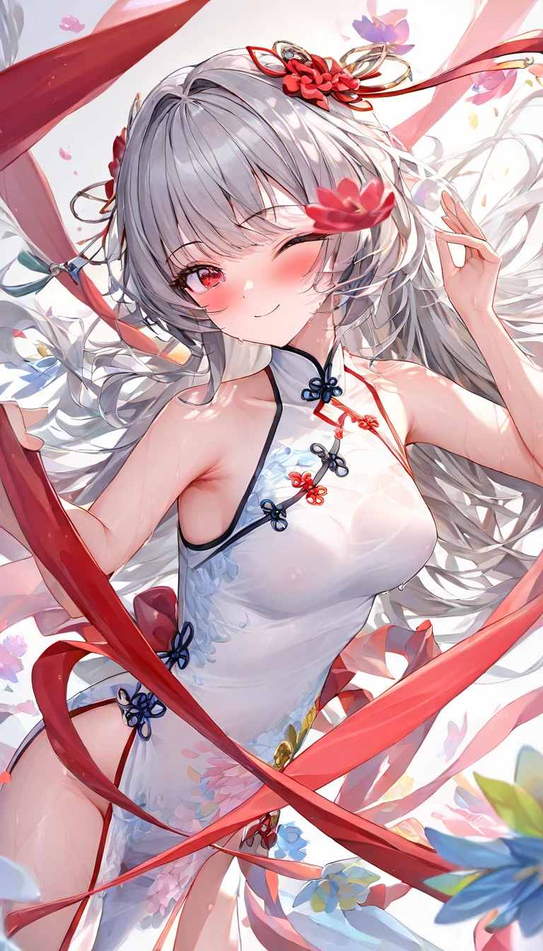 (Masterpiece), (Top Quality Anime Illustration), (Super Definition), One Girl, Solo, Beautiful Girl with Silver Hair, Anime Loli, Cat Ear Loli, Pale Color Peach See-Through Cheongsam, Short Cheongsam, Sleeveless, Smile, Cleavage Enhancement, Lower Breast Emphasis, Thighs, Tarot Card Style