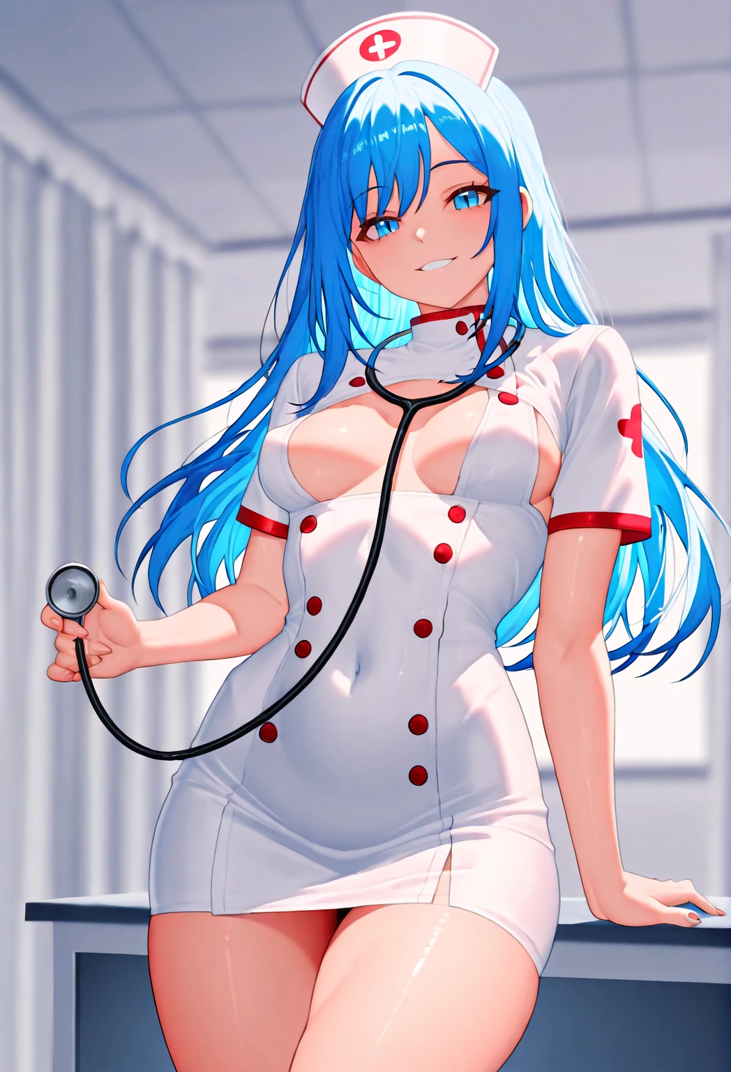 My name is Yukiko.I am a white test woman with long Sky blue hair,red eye color.I am 1.62 cm tall . My breasts measure 200 cm, my waist 40 cm and my hips 200 cm.Dressed in a short nurse outfit . With 200 cm breasts