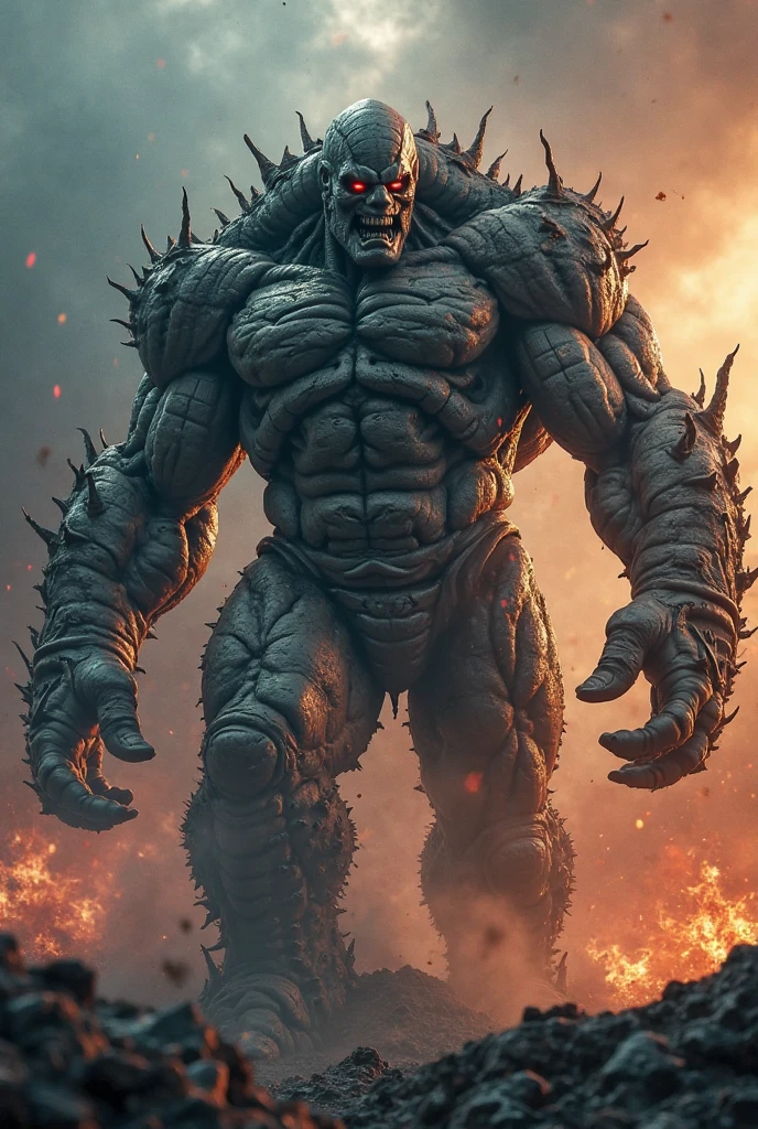 Doomsday has a massive, muscular build with grey, rock-like skin that gives him a rugged and indestructible look. His body is covered in sharp, bony protrusions, particularly on his knuckles, elbows, shoulders, and knees, which serve as natural weapons. His face is equally menacing, with deep-set, glowing red eyes, a snarling expression, and more bone spikes jutting from his chin, jawline, and around his head. These features combine to make Doomsday look like a living engine of destruction, embodying raw, unstoppable power.