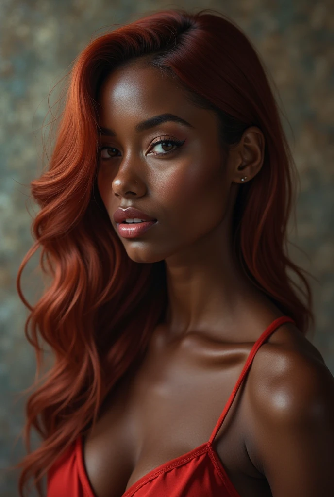 Young red-haired man, with emerald green eyes, long hair, feminine face with scars from cuts, darkskin. Around 25 years old