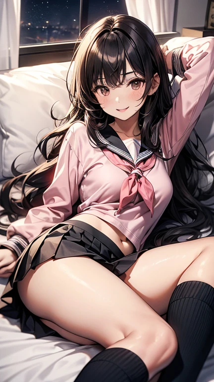top-quality Masterpiece beautiful sexy woman,Very short pleated skirt。huge tit。,A small braid,Tear open the chest,Clench your teeth,The cheeks are reddish,Lie down in bed,spread their legs,M leg type,The soles of the feet dangle,whair
