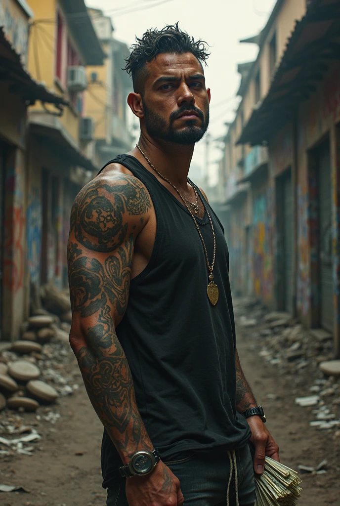 dangerous man, tatuados, Cao Cao, offwhite, strong with a gun in a slum