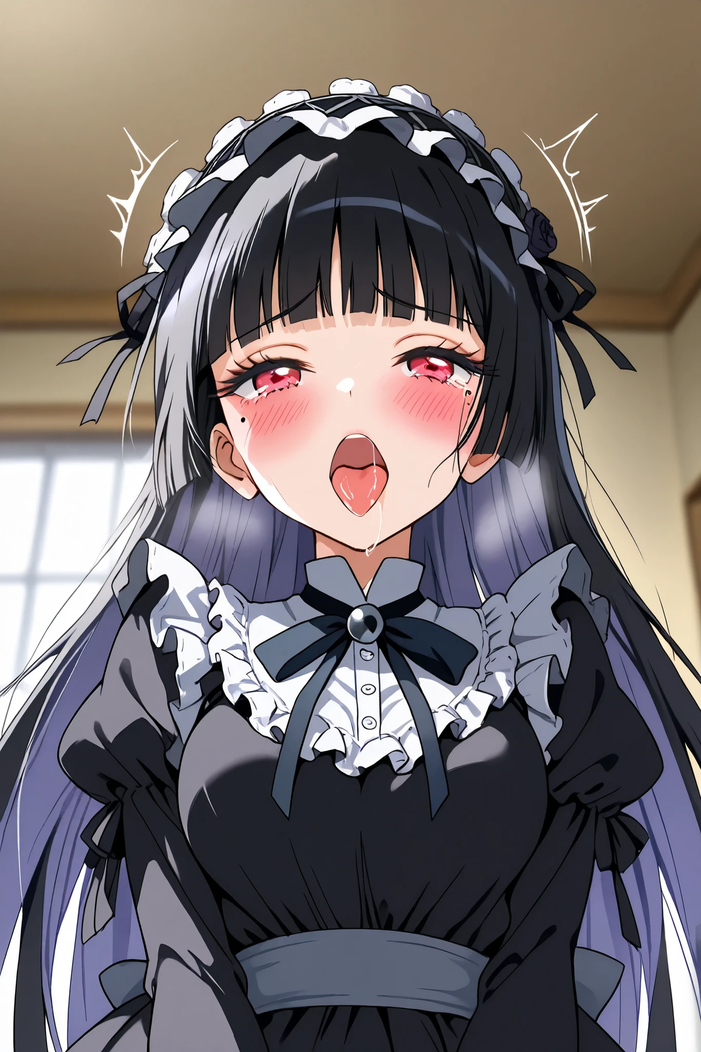 marin_kitagawa,ruri_gokou,
front,from below,(upper body:1.2),
1 female,solo,pretty,
fellatio,deepthroat,irrumatio,
focus on face,very huge cock,
black hair,long hair,mole under eye,
hime cut,colored inner hair,
red eyes,beautiful eyes,
big eyes,slant eyes,closed eyes,
long eyelashes,
gothic ta dress(1.3),
black dress,frills,puffy sleeves,
long sleeves,hairband,
medium breasts,thin waist,
perfect face,beautiful skin,
painful,pleasure,blushing,drooling,
tearful eyes,tear drop,sweaty,ecstasy,wet,
open mouth,tongue out,white breath,
incontinence,cameltoe,
motion line for orgasm,
perfect face,beautiful skin,
anatomically correct,
best quality,super detailed,
Highest quality,masterpiece,high quality,
blurred background,
indoor,bedroom,on bed