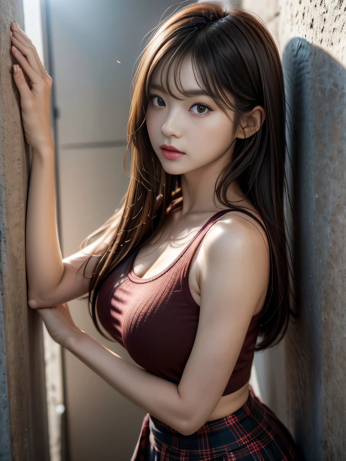 (Perfect body: 1.1), (young), (Long wavy hair.: 1.2), full body shot, (Girls in uniform: 1.2, Pleated skirt, Button shirt), ((School uniform)),(Korean idol), (High Depth 8K Cch Wallpaper), (Very delicate and beautiful), (Meisterwerk), (Best Quality: 1.0 ), (super high definition: 1.0), Beautiful lighting, Perfect lightning strike, Realistic shadows, [Hi-Res], Skin profile, ultra-detailed, (Spread your legs.)), (Uptrend), Thin fuselage), hazy, Large earrings, thighs, (Beautiful long hair),Golden Hair , Thin collarbone, Soft navel, Soft Midriff, Soft back, Angle from the top, sweating, Beautiful breasts, Blush, photo realistic, Realistic faces, Realistic eyes, Small eyes, smile (colorfully))) ((cleavage))), (Eyeliner), (mascara), (((Thick white liquid on the body.)), ((Spread thighs)), (((Thick white liquid drips from the body.))), (Hand on thigh)))), ((Stick between the chest))),large breasts, P.P.G, wet, (mannequin thighs),(Model waist), HD 4K,  Perfect nose, Perfect Eyes, Good belly deatied, Looking Through Clothes, open legs, Look at the viwer..