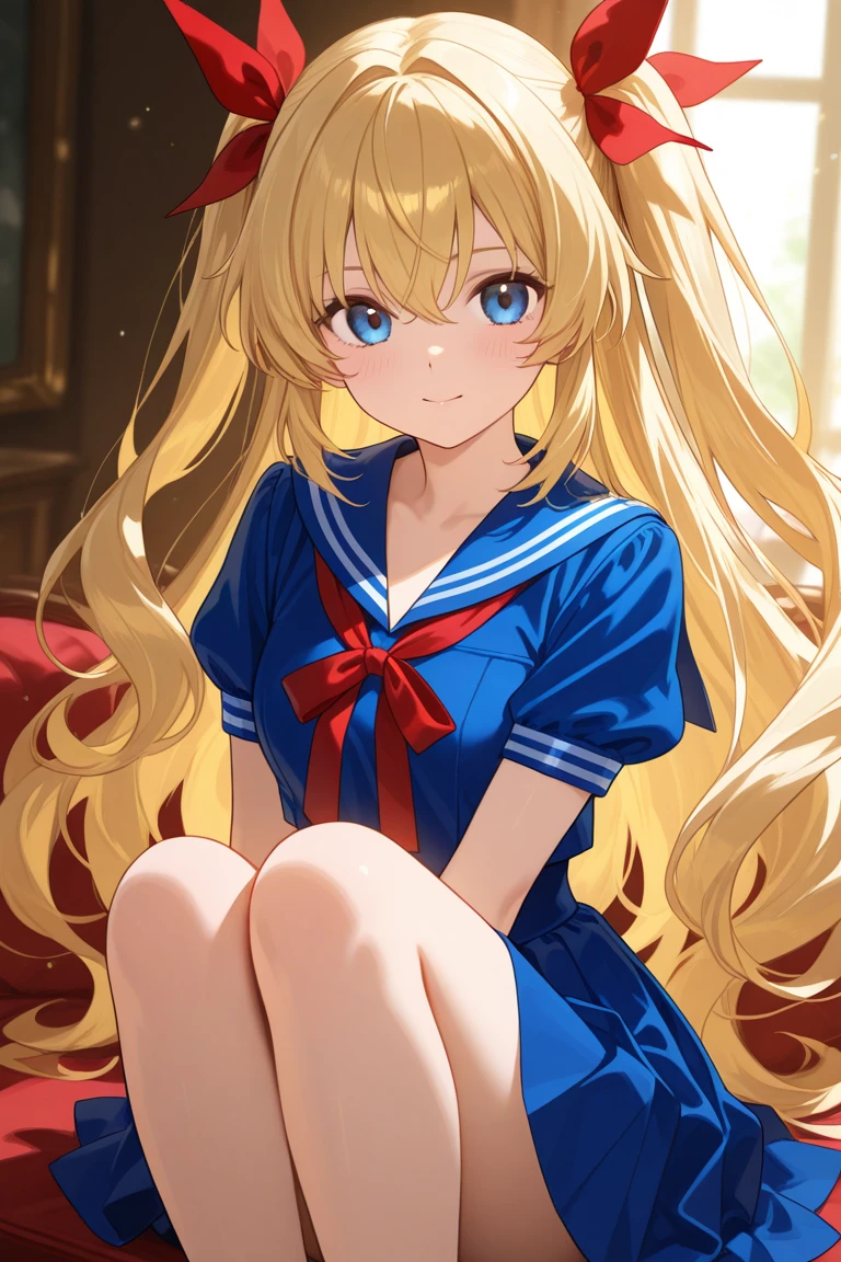 masterpiece, best quality, 1girl, solo, bangs, long hair, twin tails, blonde hair, blue eyes, smirk, small breasts, white blouse, short sleeves, red bow, black skirt thigh-highs, , looking dawn at viewer, panty shot