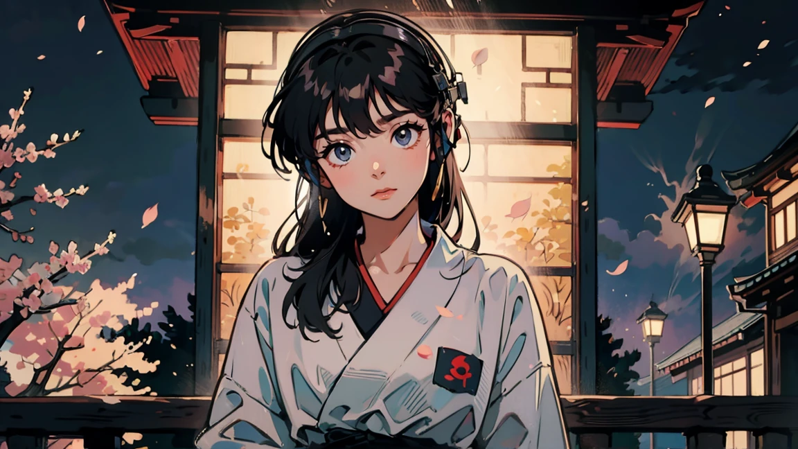 Alone, Quiet, beautiful woman, Student, Long hair, Great Beautiful Tokyo Night view, black eyes, Wearing large headphone, Masterpiece, 長袖ブラウス、こちらを見ている、神社の境内、桜、ペンダント