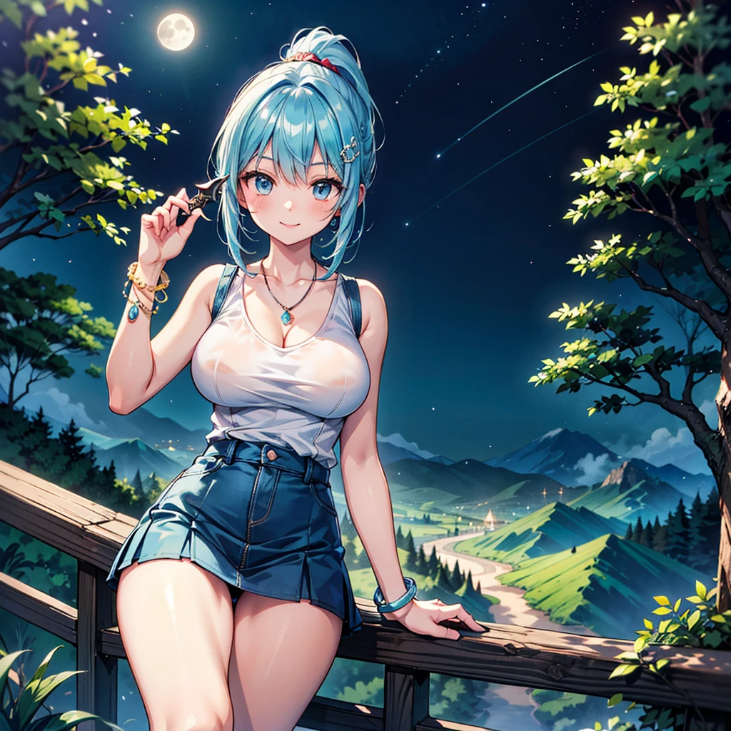 Anime Moe Art Style,Highest quality,High resolution,Anatomically correct,Mid-teens,Super detailed,Big Breasts,Shiny skin,Beautiful Skin,A rich expression,smile,With her light blue hair in a ponytail,Off-the-shoulder tops,mini skirt,necklace,bracelet,hair ornaments,Outdoor,night,On top of the mountain,Sit back and look up at the sky,Starry Sky,Eyes drawn in detail,8k