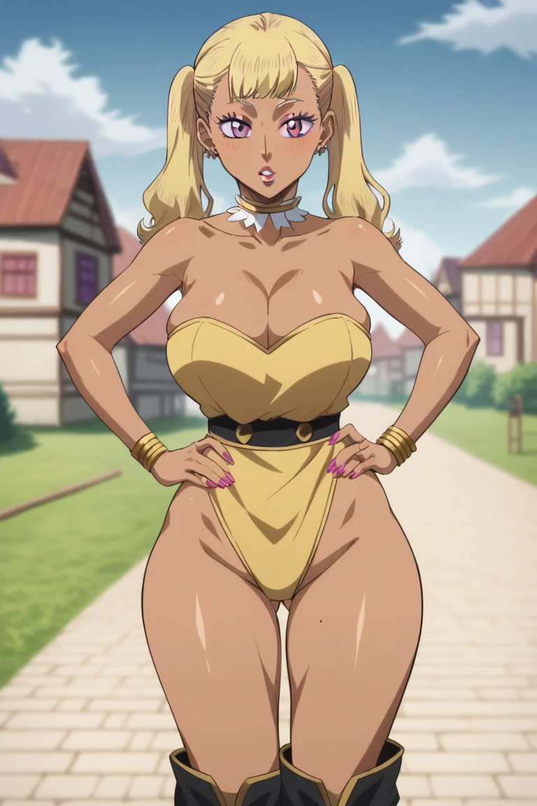 (Masterpiece, plain background:1.2) Female full body, standing straight symmetrical feet together, blood dark elf, dark skin, long messy white hair, 2longs elf ars, circlet, yellow eyes, 1990s (style), female 1sologirl
