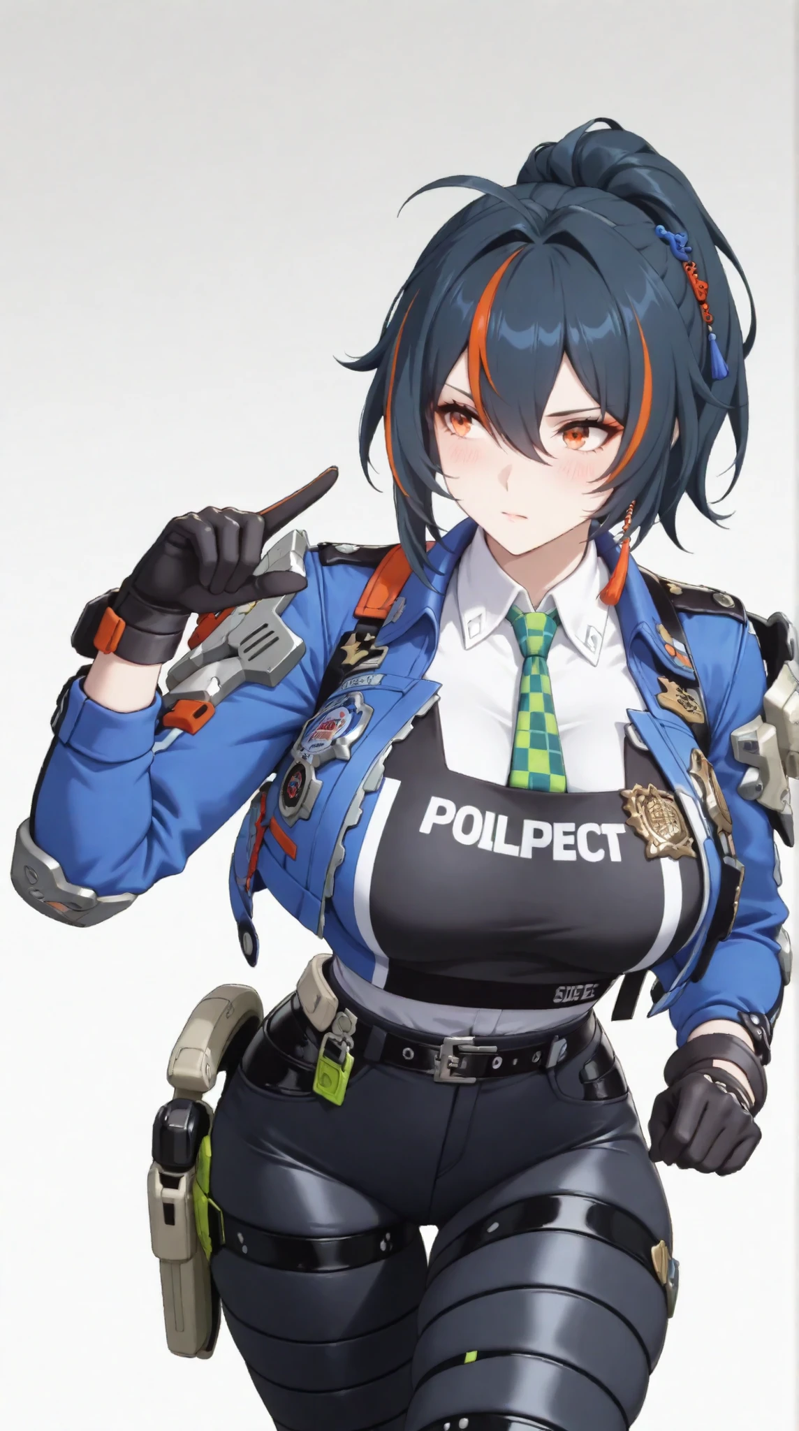 masterpiece, extremely detailed,perfect skin texture,4k,solo,1girl ,((fullbody)),zhu yuan,stand up,sexy pose,ponytail streaked hair,blush,police uniform, blue jacket, cropped jacket, long sleeves, black vest, two-tone vest, black gloves, green necktie, plaid necktie, black pants, high-waist pants, belt, thigh straps, knee pads, holster, tight pants, blue footwear,mature,sexy legs,perfect body,large breasts,high detailed, best quality, upper body, photography,cowboy shot,looking at viewers,((white plain background))