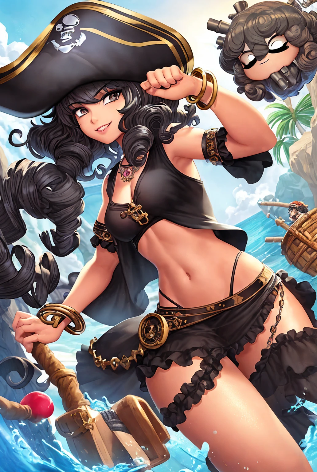 Hermosa dark magician gils en bikini. She is in the middle of the sea swimming. Cabello rubio. Ojos azules. Labios rojos. Bikini. Cuerpo mujado. Pose sensual y juguetona. Tiene el cuerpo lleno de agua. It's wet. She's swimming in the sea