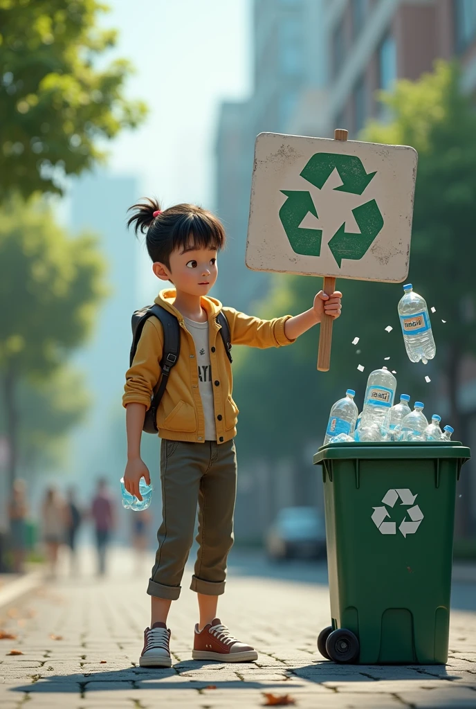 Nico, 10 years old ( Brown eyes, black hair and white skin, He is dressed in a white polo shirt and black shorts ) Walk to a recycling bin and place the bottle inside..