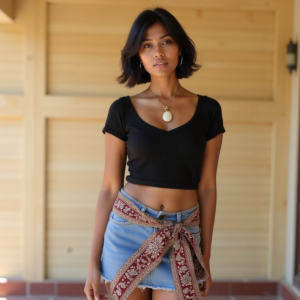 /imagine Young Indian woman, mid-30s, posing in outdoors.  South Asian ethnicity,  medium brown skin tone.  Short, dark black hair, styled in a bob.  Natural, everyday makeup.  Wearing a black fitted crop top with a unique ivory pendant necklace.  A patterned, bandana-style wrap skirt, in faded blue denim with maroon and tan accents, is tied at her waist.  Light wash denim mini skirt.  Natural tan skin.  Casual, trendy aesthetic.  Self-conscious, thoughtful expression.  Casual body language, arms slightly bent.  Outdoor setting, light-beige wooden paneling wall behind the subject.  Natural light;  sunlight casts shadows.  Focus on the subject; soft bokeh on the background.  Warm earthy tones in the background; beige wooden wall, faded brown/reddish floor.   Natural texture of the denim skirt and the wood.  Slight desaturated color palette.  Relaxed, slightly reflective mood.  Natural light, outdoor setting.  Trendy, casual outfit.