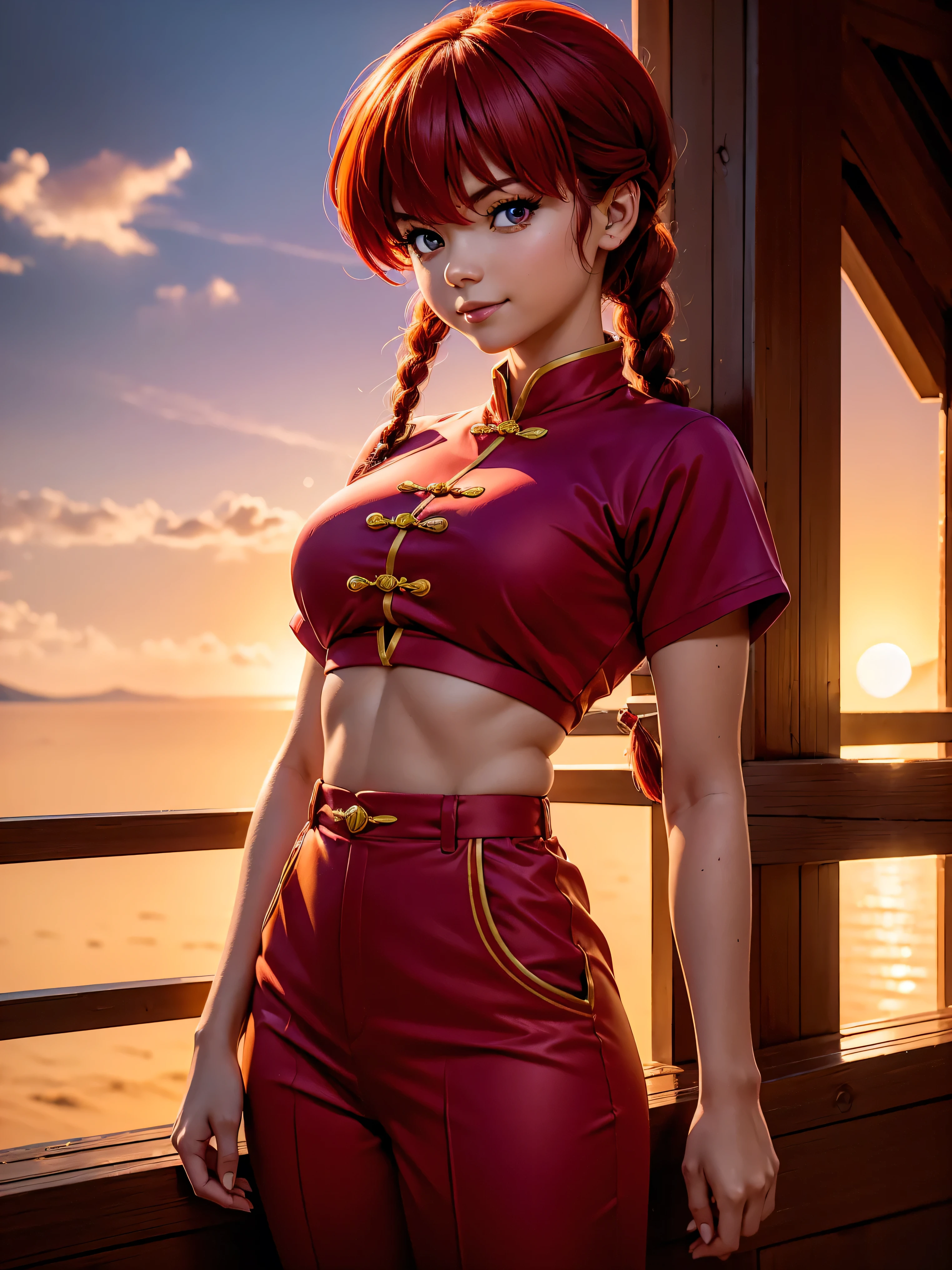 Ranma-chan, single ginger braid, red tangzhuang, (8k, RAW photos, highest quality, masterpiece: 1.7). (Realistic, Photorealistic: 1.9). 1 girl. Japanese. Woman. Tokyo's cityscape. Night. Professional lighting. Photon mapping. Radio City. Big tits. See-through shirt. The tips of the are sticking out, The shape of the pubic area is clearly visible, Pure black eyeshadow. Pitch black lip, Pubic hair, The lower abdomen bristles, Slender, The crotch is open, Very much pubic hair. Pubic hair protrudes very much.