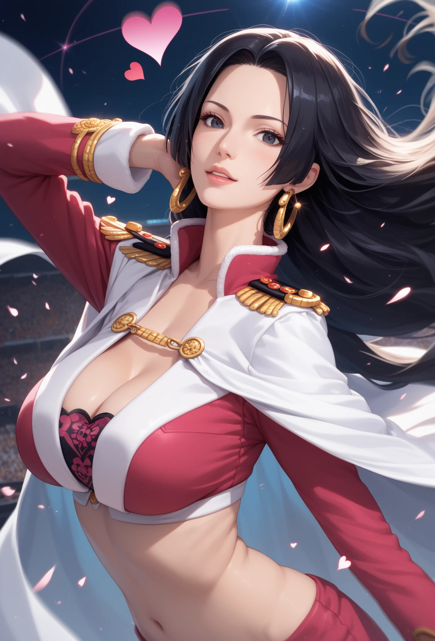 (masterpiece, best quality:1.2), cowboy shot, solo, 1girl, boa hancock, smile, looking at viewer, hand on hip, cape, epaulettes, cleavage, jewelry, earrings, midriff,NSFW,official art,extremely detailed CG unity 8k wallpaper, perfect lighting, (masterpiece:1.0),(best_quality:1.0), ultra high res,4K,ultra-detailed, photography, 8K, HDR, highres, absurdres:1.2, Kodak portra 400, film grain, blurry background, bokeh:1.2, lens flare, (vibrant_color:1.2),(beautiful_face:1.5),(narrow_waist),(perfect hands, perfect anatomy),