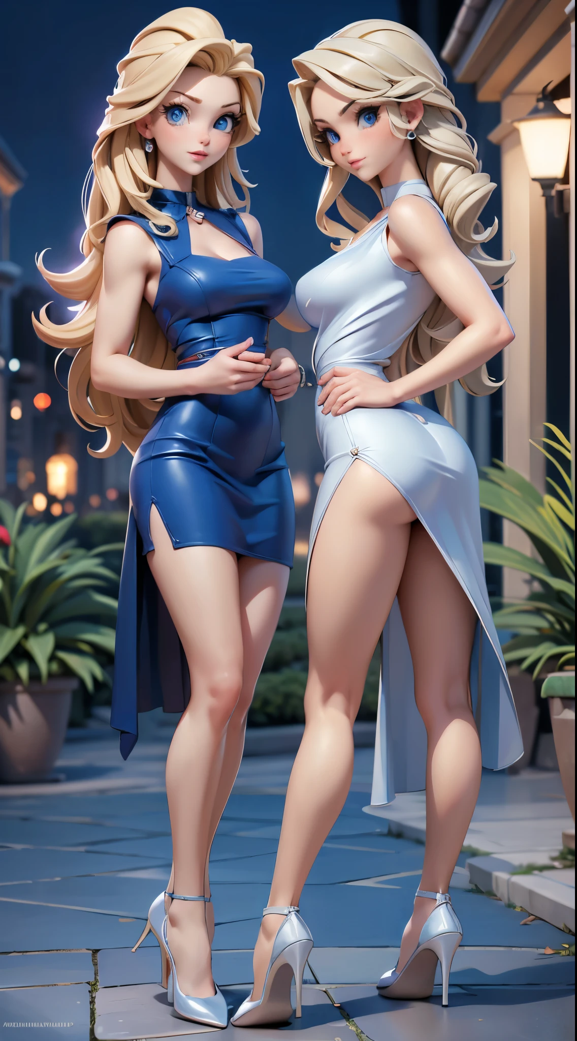 (best quality,highres,realistic:1.2),2 twin sisters,blondes,blue eyes,detailed beautiful eyes,detailed beautiful lips,elegant silver dress,full body,elegant white shoes,twins,stylish hair,nice breasts and butt,background garden at night,starlit sky,mysterious atmosphere,dim romantic lighting,vivid colors