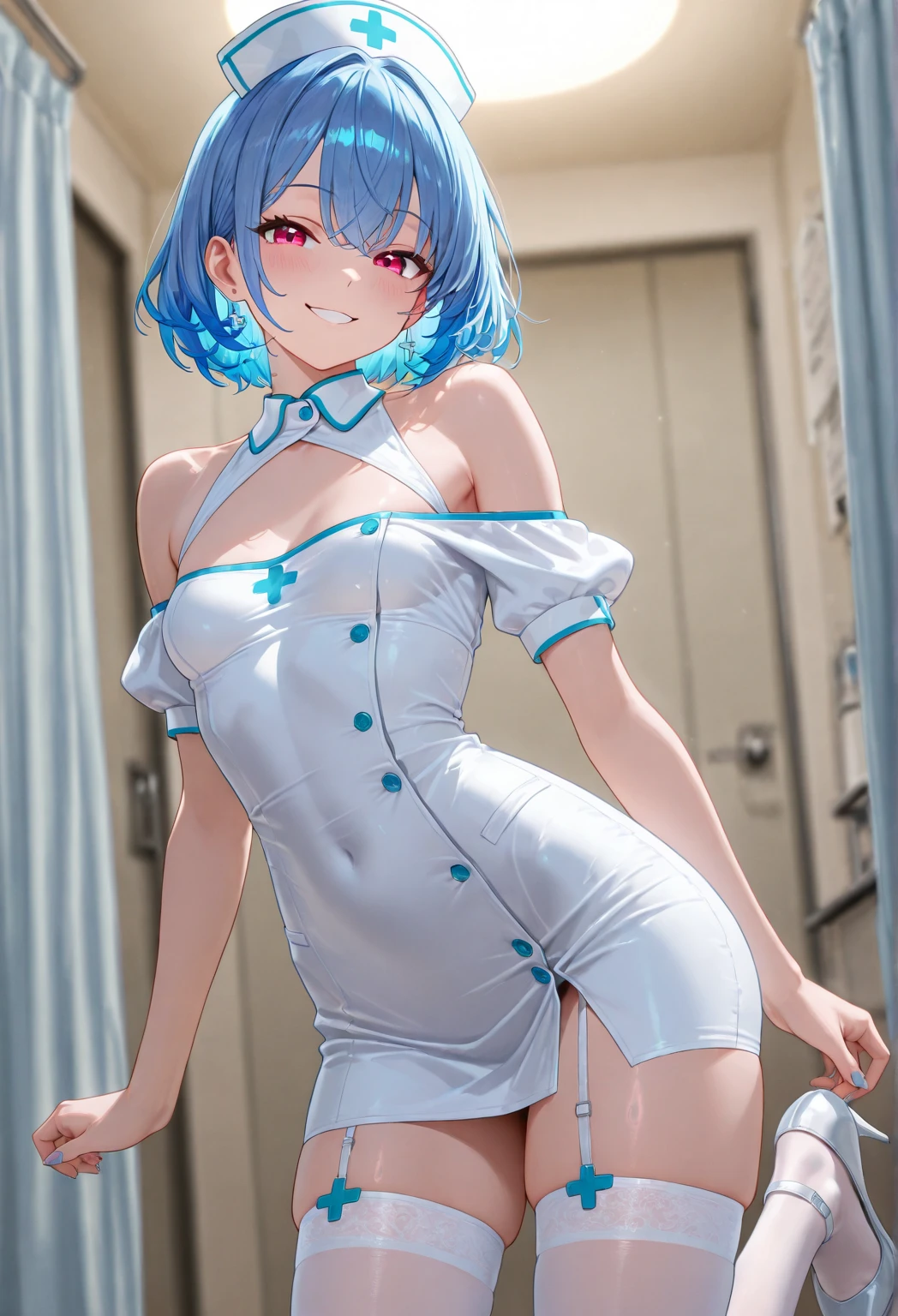Again:zero's Againm、light blue hair、short hair、table top、High resolution、many girls multiple girls、large crowd、lots of cute girls、big and full breasts、naughty body、See-through、throw、、whole body、Are standing、Look up at me、confused face、blush、embarrassing、Excited、white breath、black pantyhose、female shape'Private parts are clearly visible、I can see your nipples、white skirt、micro mini skirt、very short skirt、hospital、hospital room、Many people々々々々々、in the crowd、bare chest、show your chest、Upper grade、A lot of milk comes out from the nipples、Breast milk gushes from the nipple、white nurse uniform、cat ears nurse uniform、white one-piece nurse uniform、bangs that cover one eye、pink hairpin、sit on the bed、white sandals、white pantyhose、open your legs、open thighs、emphasize the chest、chest to chest、night viewが見える部屋、night view、cat pose