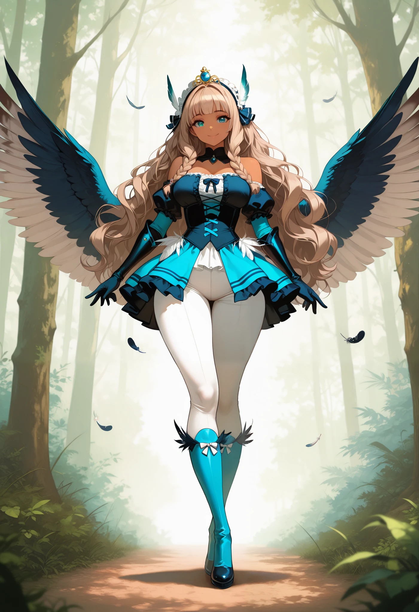 8k, score_9, anime style, masterpiece, best quality, woman , brown skin, tanned skin, very long wavy hair, bangs, braided hair hairband , light brown hair, cyan eyes, EyesHD, cyan diadem(bird feathers), busty, curvy body, wide hips, thick thighs, Cyan color armor, futuristic, feathers, skirt, white pants , bare shoulders, cyan gauntlets, large cyan bird wings, cyan wings, smiling, forest background, vivid colors, front view, seductive, ExpresHGothicNeonIncase, dynamic pose, cyan boots, full body view,