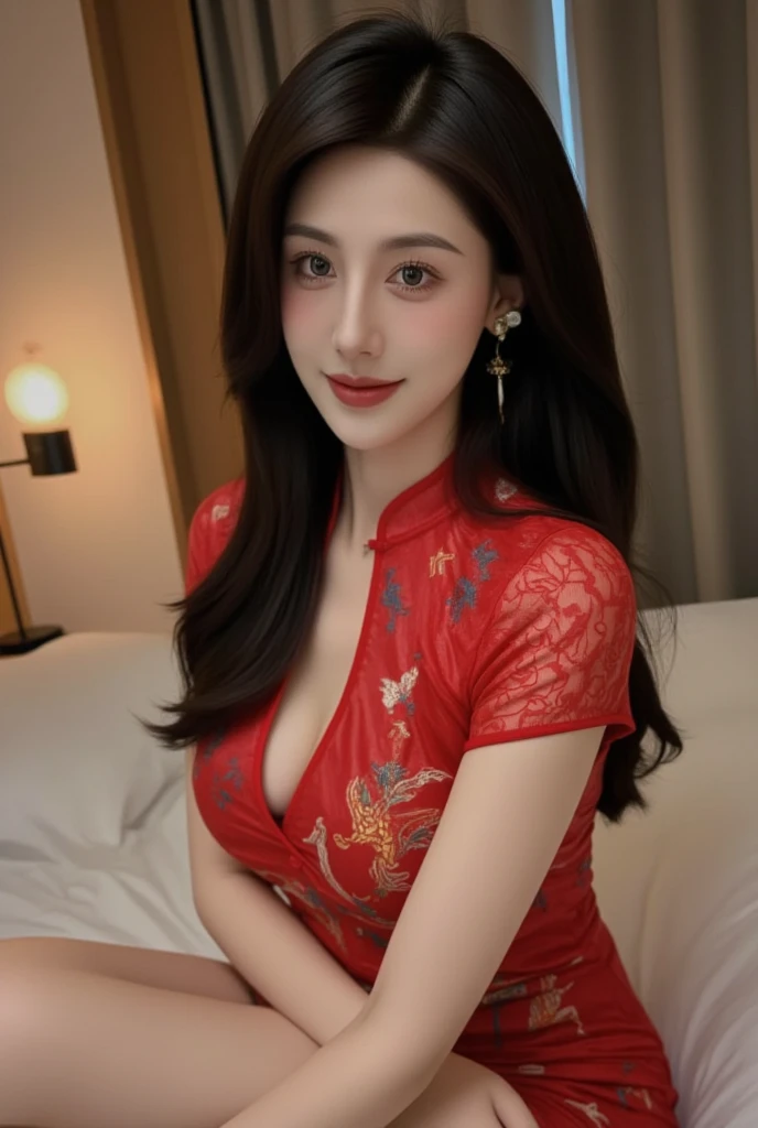 1girl,baiyi,large breast,Blue  lips,smile,ponytail,realistic, 1 girl, indonesian girl, 23 years old, (black hair super-long 1 meters), (very beautiful face, very sweet, sharp eyes like an angel from heaven ), (beautiful hair), actress, smile, shiny skin, best quality, masterpiece, (photorealistic:1.4), terrace seating, asian, indonesian, jakarta, denim long skirt (realistic fabric), white short sleeves (cotton fabric), (no logo), thin fingers, a woman in a red dress posing for a picture in a courtyard, a picture by Emma Andijewska, tumblr, tachisme, sexy gown, opened dress, wearing an elegant dress, fantasy long intricate gown, sexy dress, dressed beautiful gown, red gown, wearing a magnificent dress, dressed in red lace, translucent dress, extravagant dress, see through dress