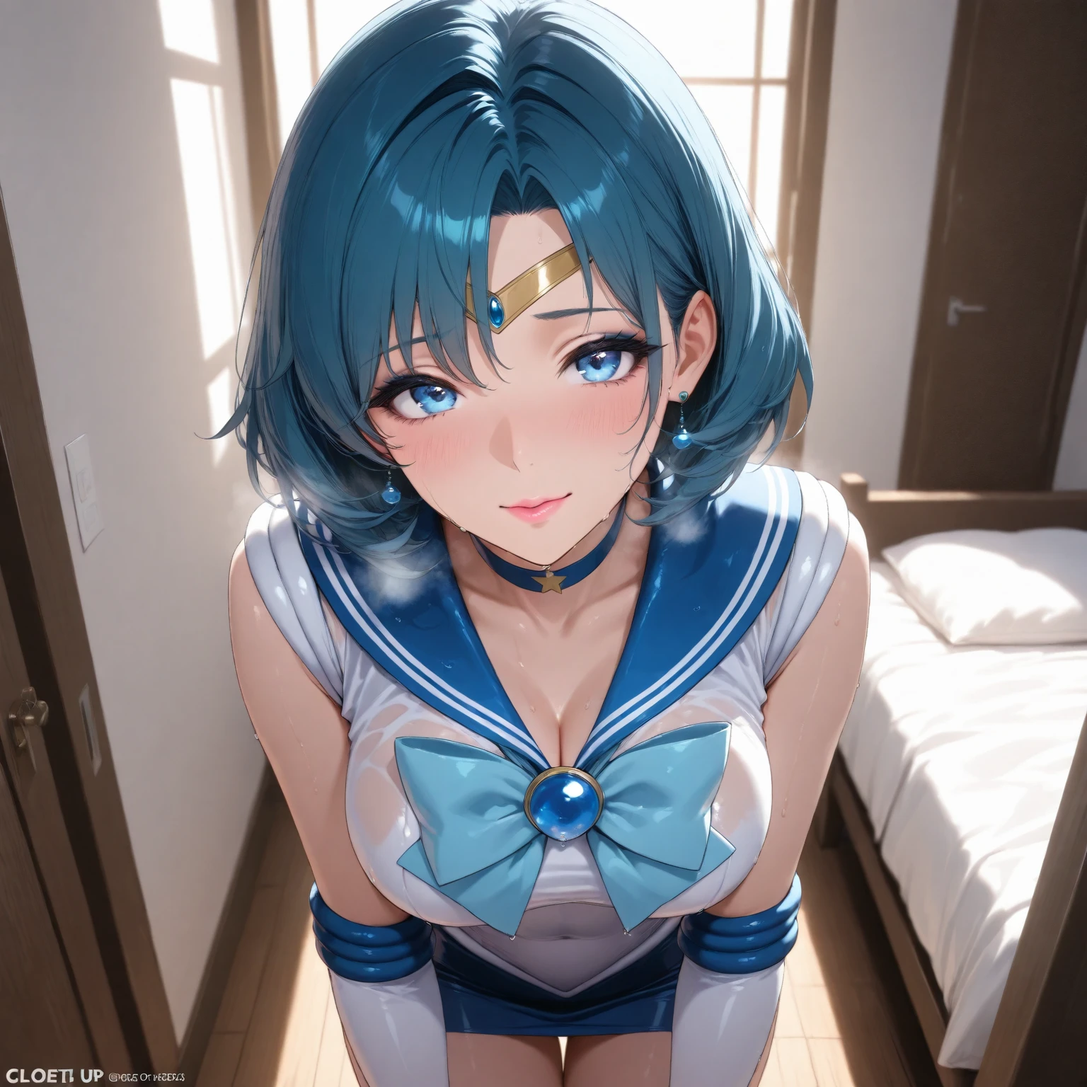 Massive amount of white liquid all over her body on her chest and tongue, taken from the front, woman with blue hair (in two knots) with upper eyes, solo, delicate face, medium cleavage, abandoned toilet, angle from above, sailor moon cosplay, underwear, sweat, thin, mouth wide open, tongue sticking out, crawling on all fours, large amount of white yogurt on chest and tongue
