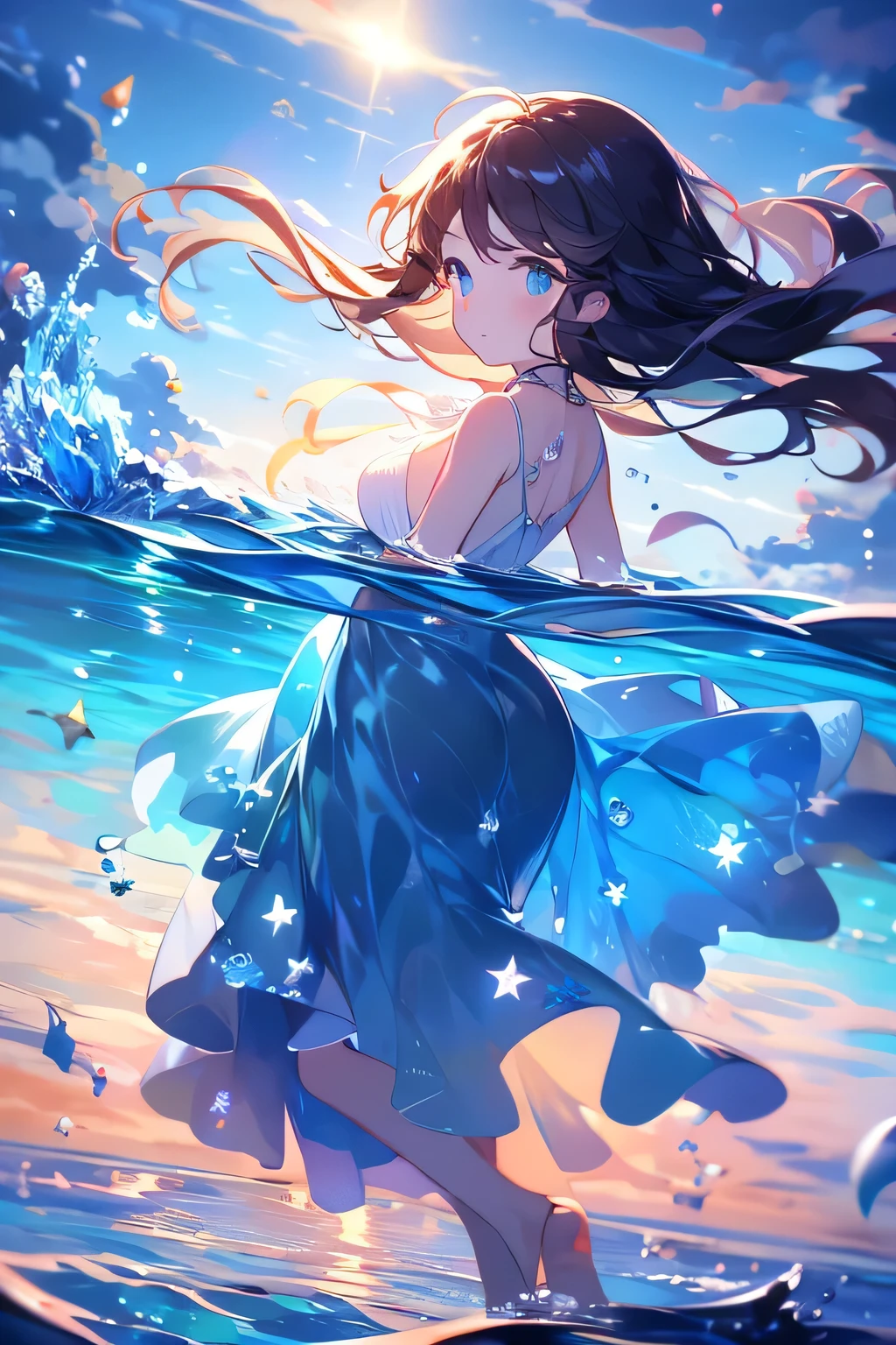 Masterpiece , girl with long dark brown hair, turquoise blue eyes, mermaid ears , short dress blown by the wind color light blue, sea pearls in the hair, dress with several layers of transparent fabric type of dress: sun dress short cantilever party decorated with starfish, seashells and seaweed, hair in the shape of a sea tide, Big breasts, tips of the dress in the shape of sea waves🌊, tips of hair shaped like sea waves like water🌊, holding a floating water ball with both hands, tips of long hair shaped like water, with their backs to the camera, hair made of water